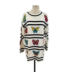 Escada Vintage‎ Sweater Butterfly Stripe Print Cotton Cream Black Size 36 US 6